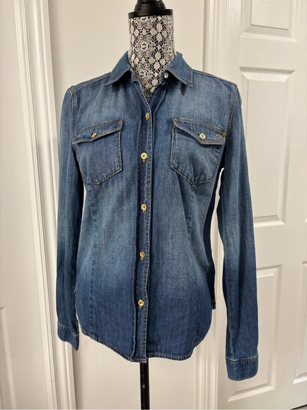 Y2K Juicy Couture Western Blue Denim Button Down Shirt M EUC 100% Cotton